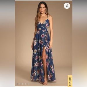 LULUS Always There For Me Navy Blue Floral Print Wrap Maxi Dress